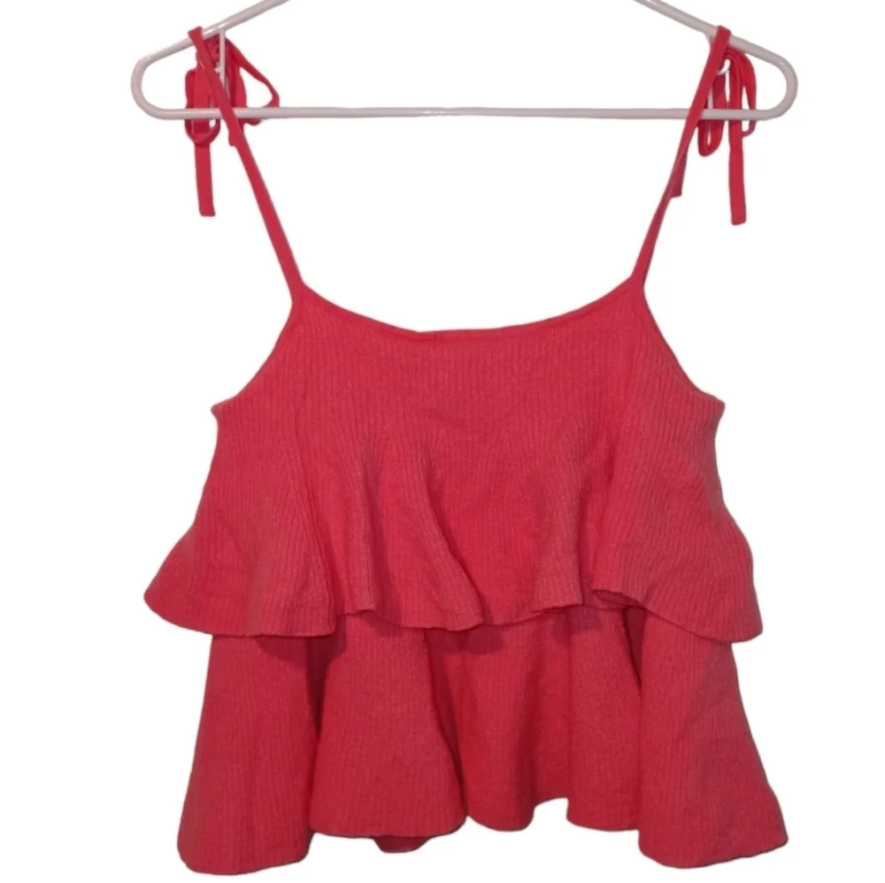 J Crew Merino Wool Tiered Ruffle Tank Top with Tie Shoulder Straps Pink Size S - Picture 3 of 9